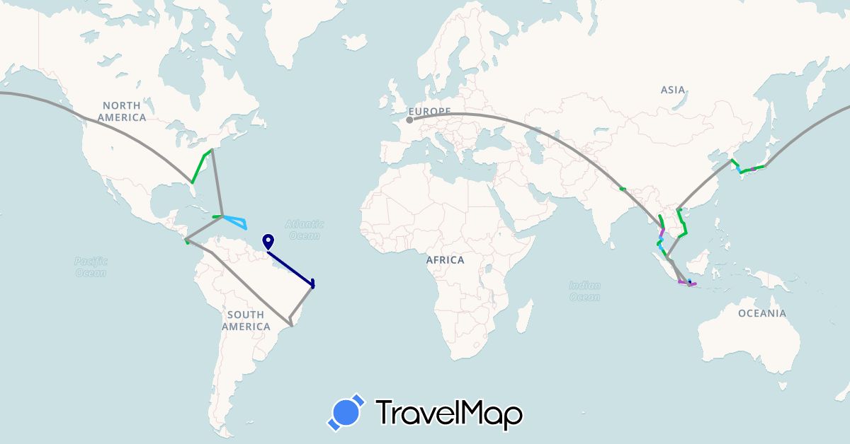TravelMap itinerary: driving, bus, plane, train, boat in Antigua and Barbuda, Brazil, Canada, Colombia, Costa Rica, Dominican Republic, France, French Guiana, Guadeloupe, Haiti, Indonesia, Japan, Saint Kitts and Nevis, South Korea, Saint Lucia, Malaysia, Nepal, Singapore, Thailand, United States, Vietnam (Asia, Europe, North America, South America)